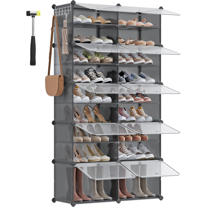 SONGMICS 10-Tier Shoe Rack, Shoe Cabinet, 30 x 40 x 30 cm per compartment, narrow, with doors, steel frame, plastic, for hallway, bedroom, entrance area, LPC035B01 (10 tiers (83B x 156H cm), Slate Grey)