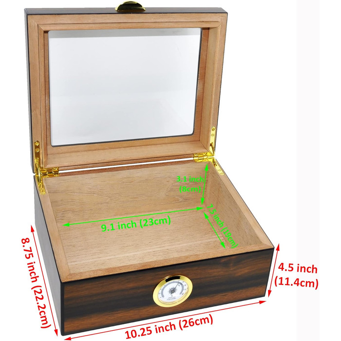 Вологозбережувач для сигар Eitida на 25-50 сигар з дисплеєм з загартованого скла, ручної роботи, з іспанського червоного кедру з перегородкою, зволожувачем та гігрометром, чорний ебоніт (Сантос Палісандр)