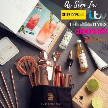 Rusty Barrel Roségold Cocktail Shaker Set - Premium Stainless Steel Bar Set with Shaker, Muddler, Strainer, Jigger, Spout, Spoon, Recipe Book & Gift Box
