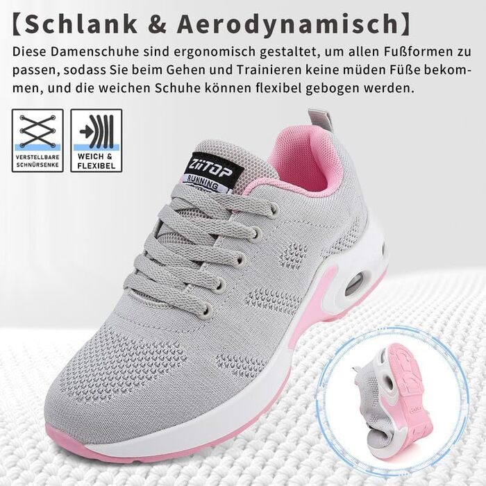 Жіночі кросівки для бігу та ходьби: дихаючі, з ортопедичною підтримкою, антиковзаюча підошва, для занять спортом та активного відпочинку (Сірий, Рожевий, 36 EU)
