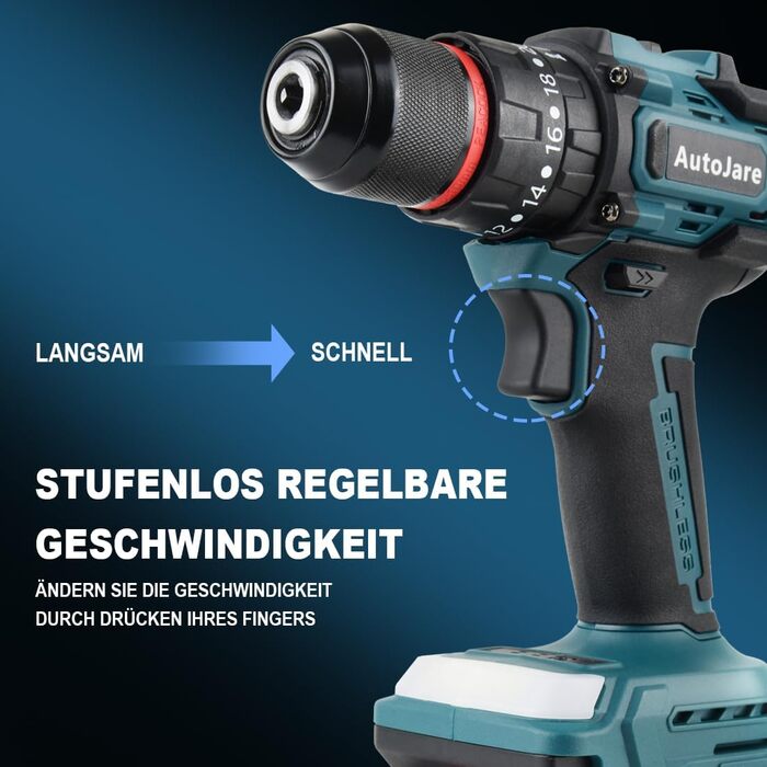 Акумуляторний ударний дриль-шуруповерт сумісний з Makita 18V, 13 мм, безщітковий, 35+3 ступені крутного моменту, 90 Н.м, 2 регульовані ступені, акумуляторний шуруповерт з 3 аксесуарами (без акумулятора) (10 мм для Bosch 18V)