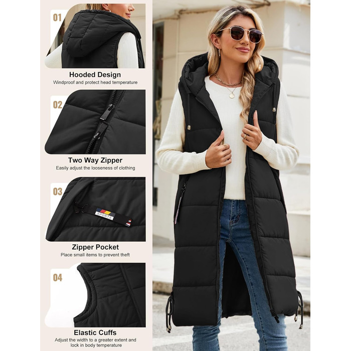 Жіноча/Чоловіча тепла стьобана жилетка Vancavoo з капюшоном, зимова жилетка, легка, чорна