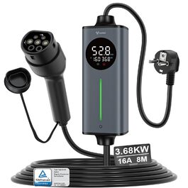 Кабель для електромобіля GONEO Typ 2 Schuko, 10м, 16A, 3.68 кВт, AC/DC, з захистом FI, таймер, автоматичне заземлення та контроль температури, сертифікат TÜV