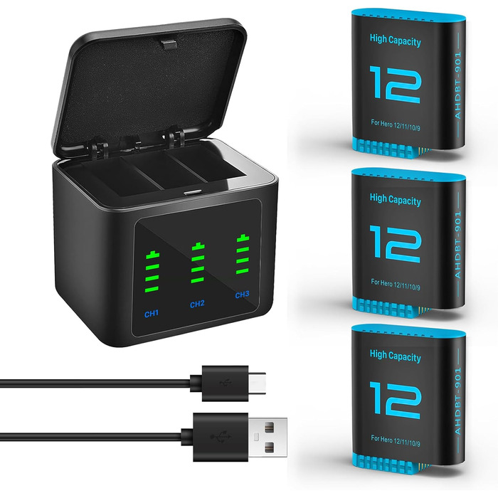 Зарядний комплект для GoPro Hero 12/11/10/9 Black: 2 акумулятори 2580mAh + триканальна зарядка з LED-індикатором