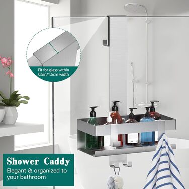 Emibele Shower Shelf for Hanging, Stainless Steel Shower Shelf No Drilling, Bathroom Shelf No Drilling with Hooks, Shampoo Lotion Holder, Shower Basket Towel Holder Wall Shelf for Glass Door Bathroom, Silver