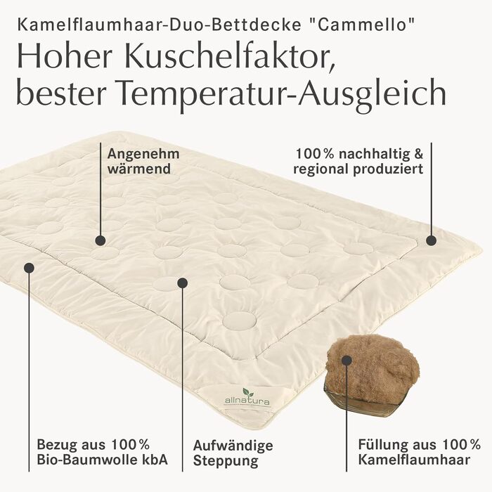 allnatura Camel Down Duo Comforter Cammello 135x200 - Climate-regulating for 4 Seasons - Warm Sleep Comfort with Moisture Management - 100% Sustainable Camel Down Hair - Made in Germany Camel Down Hair Warm
