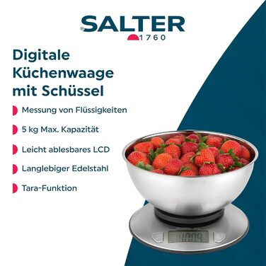 Кухонні ваги Salter з мискою - ваги для вимірювання рідини, 5 кг, 2 л, нержавіюча сталь, LCD-дисплей, для випічки та приготування їжі