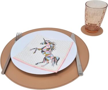 Nikalaz Round Placemats and Coasters made of Recycled Leather, Table Sets, 2 Piece Table Mats, Placemats 33 cm (Crocodile Embossing) (Camel)