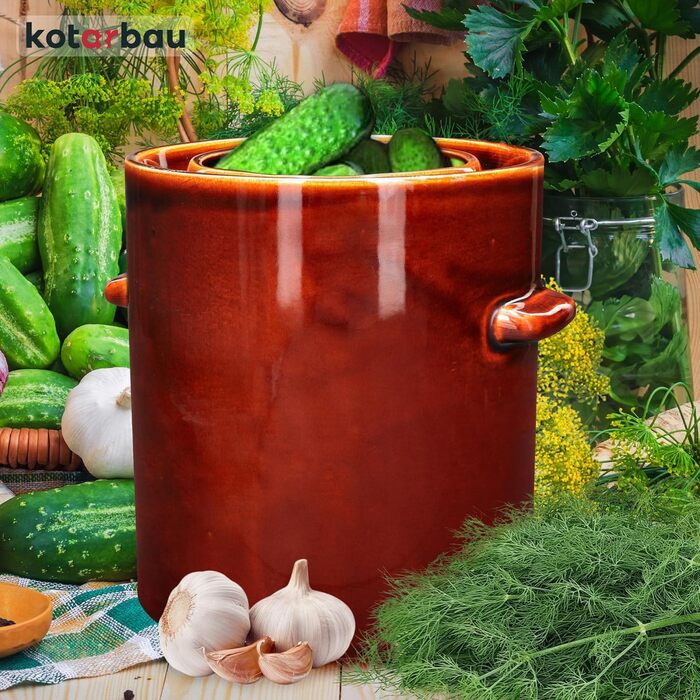 Керамічний гартопф KOTARBAU 10 л, бурий, з герметичною кришкою для квашення, соління, з водяним затвором