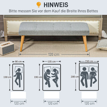 HOMCOM Bench Upholstered Bench Linen Look Button Tufting Bed Bench with Wooden Legs for Bedroom Living Room Entryway 120x41x43 cm Grey