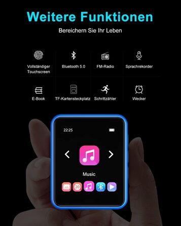 MP3 плеєр 32GB Bluetooth 5.0 з сенсорним екраном, Hi-Fi звук, металевий корпус, радіо, диктофон, підтримка до 128GB - блакитний