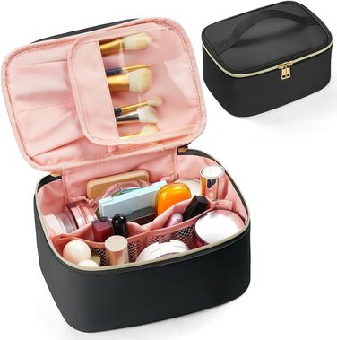 Велика косметичка для жінок, дорожня косметичка з відділеннями, шкіряна, чорна. Водостійка косметичка для макіяжу та аксесуарів.