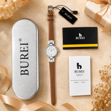 Жіночий кварцовий годинник BUREI Luxury з шкіряним ремінцем, водонепроникний, сріблястий корпус, коричневий ремінець