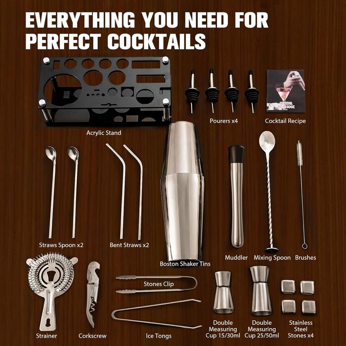Набір для коктейлів 23 предмети Boston Edelstahl: шейкер, стійка для акрилу, рецепти, 4 камені для віскі - професійний барний набір для дому та вечірок