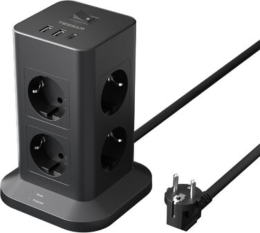 Блок розеток TESSAN з захистом від перенапруги 3600W 16A, 8 розеток, USB-C, подовжувач 2м, сірий