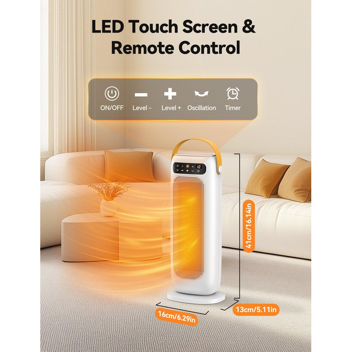 Електричний обігрівач PTC керамічний 1500W з пультом керування, 4 режими, осциляція 110°, таймер 1-10 год, захист від перегріву та перекидання. Компактний обігрівач для дому (білий)