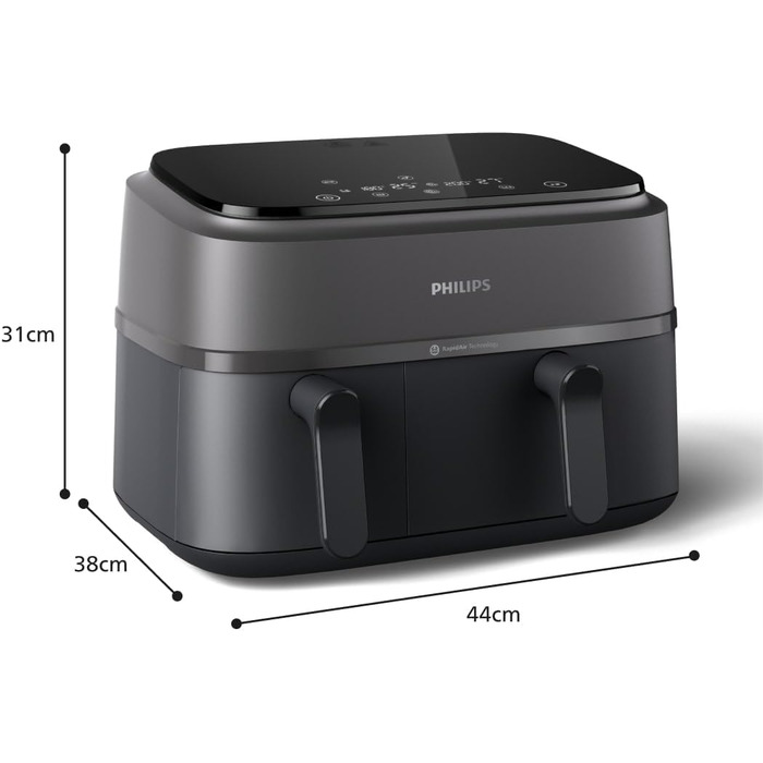 Philips Dual Basket Airfryer 3000 Series, 9L, 2 Drawers, Sync Function, Rapid Air Technology, Versatile Large Hot Air Fryer, 90% Less Fat and Energy Saving, HomeID App (NA350/00)