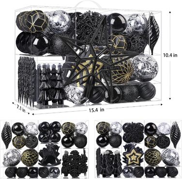 Набір з 100 штучних новорічних кулькок Shareconn, міцні, з гачками, різні розміри та дизайни, декор для ялинки, внутрішнє та зовнішнє прикрашання (чорний)