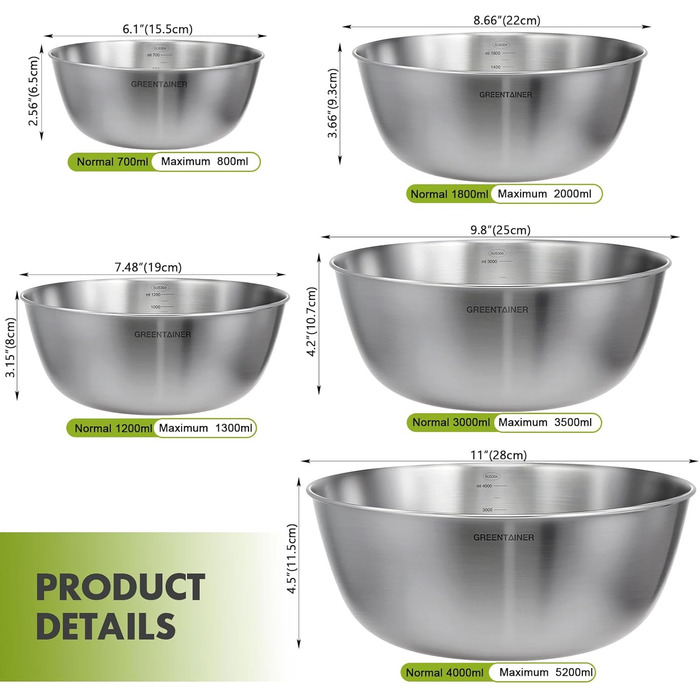Набір салатниць та мисок Greentainer з нержавіючої сталі, 5 шт. (0,8л - 5,2л)