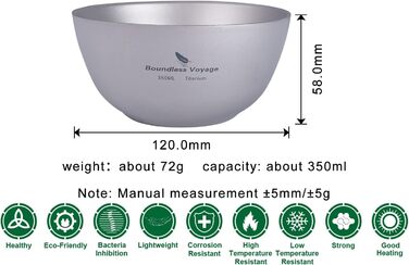 iBasingo Titan Bowl Rice Soup Cup Outdoor Camping Dinnerware 350ml Lightweight Double-Walled Round Bowl Tableware for Travel Hiking Home Ti1094T 350ml -Ti1094t