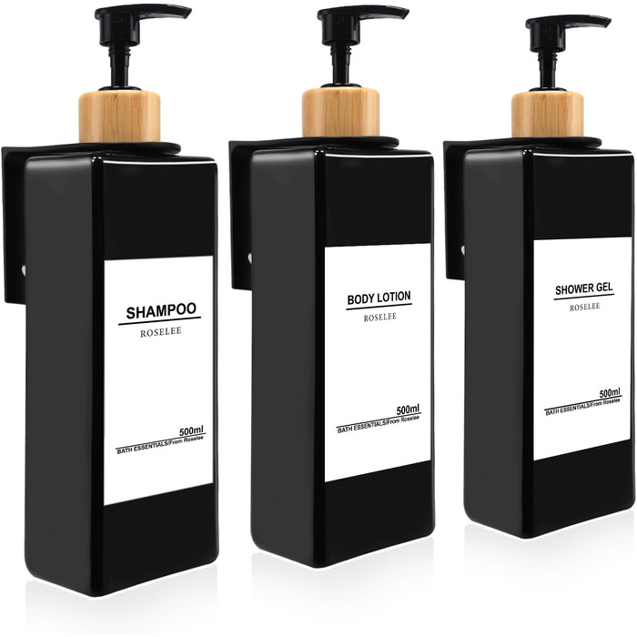 Настінний дозатор для мила Roselee (3 шт.), 500 мл - для ванної кімнати, без свердління, для шампуню, гелю для душу, з етикеткою (Чорний-3)