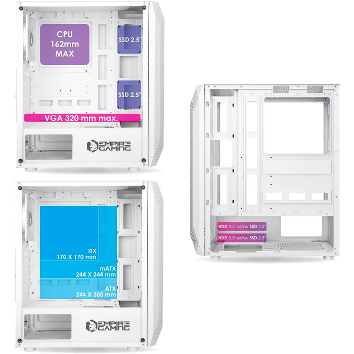 Корпус для ПК EMPIRE GAMING Diamond Gamer ARGB середнього розміру ATX з фасадом з алмазного плексигласу та скляною бічною панеллю, 4 вентилятори 120 мм RGB адресуємими (Ruby W)