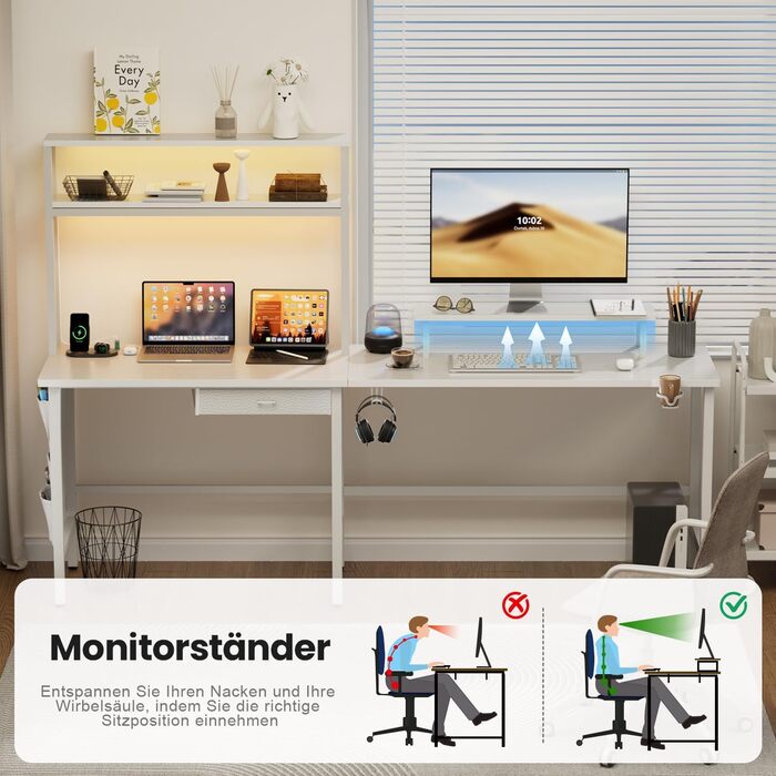 Ігровий стіл кутовий 150x100 см з 3 розетками та 2 USB, зворотний, з LED підсвічуванням, з ящиками та підставкою для монітора. Білий кутовий ігровий комп'ютерний стіл 170x100 см.