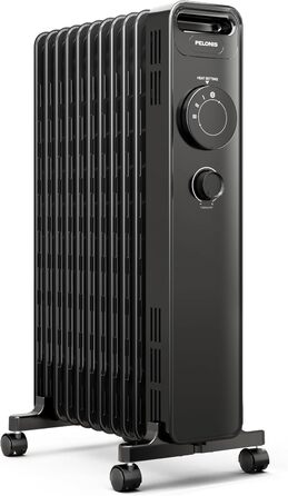 Масляний радіатор PELONIS 2300W з J-подібними ребрами, 3 режими нагріву, термостат, тихий, захист від перекидання, енергоефективність A, для спальні, вітальні, офісу, 11 ребер, чорний (без пульта)