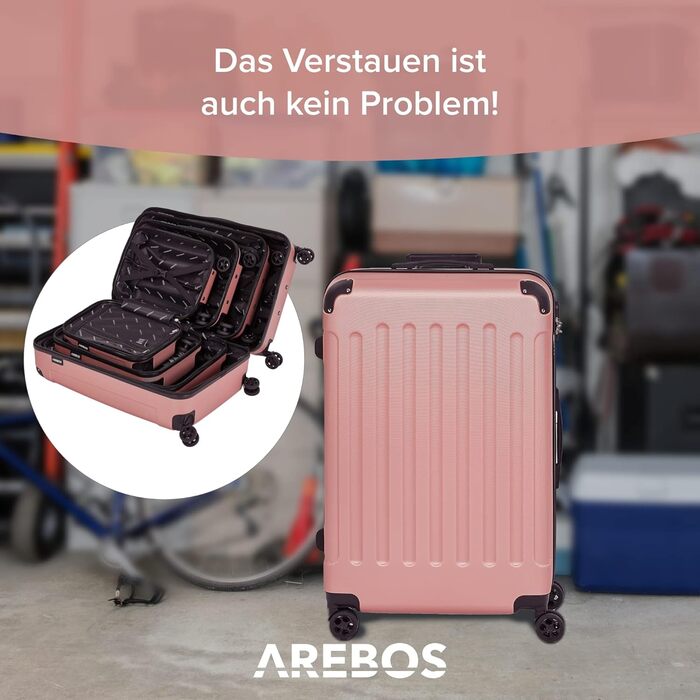 Набір валіз Arebos 4шт. з ABS-пластику | Чемодан-ролер з телескопічною ручкою | З замком-блискавкою, 360° колесами | Розміри S-M-L-XL | (Рожево-золотий)