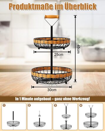 Двоярусний кошик для фруктів LEEJARD з синтетичного ротангу, знімний піддон, чорний (H:45 Dm:29 см)