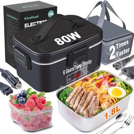 Електрична ланч-бокс Kimfead з контролем температури, 1.8L, 80W, 12V/24V/230V, з сумкою та столовим прибором, для авто/офісу