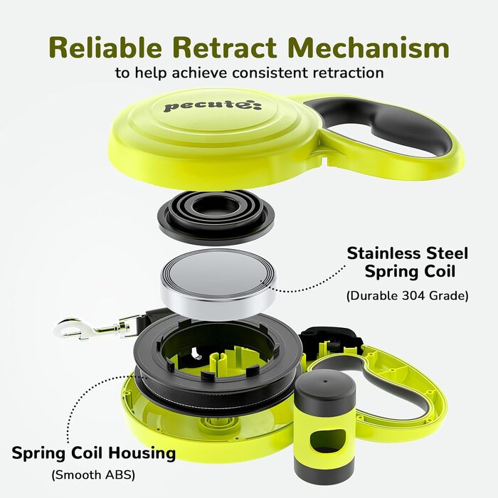 Рулетка для собак Pecute 10м, до 50 кг, зелена, антизаплутування, швидке гальмування