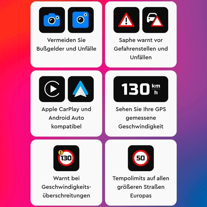 Радар-детектор Saphe Drive Pro для авто з кольоровим дисплеєм, сумісний з CarPlay та Android Auto, сповіщення про радари і небезпеки, дані Blitzer.de, підписка на 12 місяців