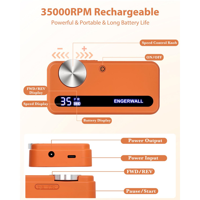 Професійний фрезер для нігтів ENGERWALL 35000 об/хв, акумуляторний, для гелю та акрилу, електричний, манікюрний набір з 7 насадками та 56 шліфувальними стрічками, темно-срібний