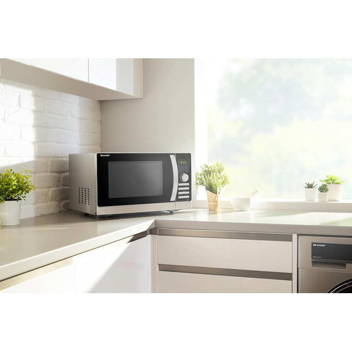 Мікрохвильова піч SHARP 843 INW з грилем та конвекцією – 25 л, 900 Вт, 10 автоматичних програм, камера з нержавіючої сталі, LED-дисплей, блокування від дітей, режим економії енергії, срібно-чорний колір, 4 в 1