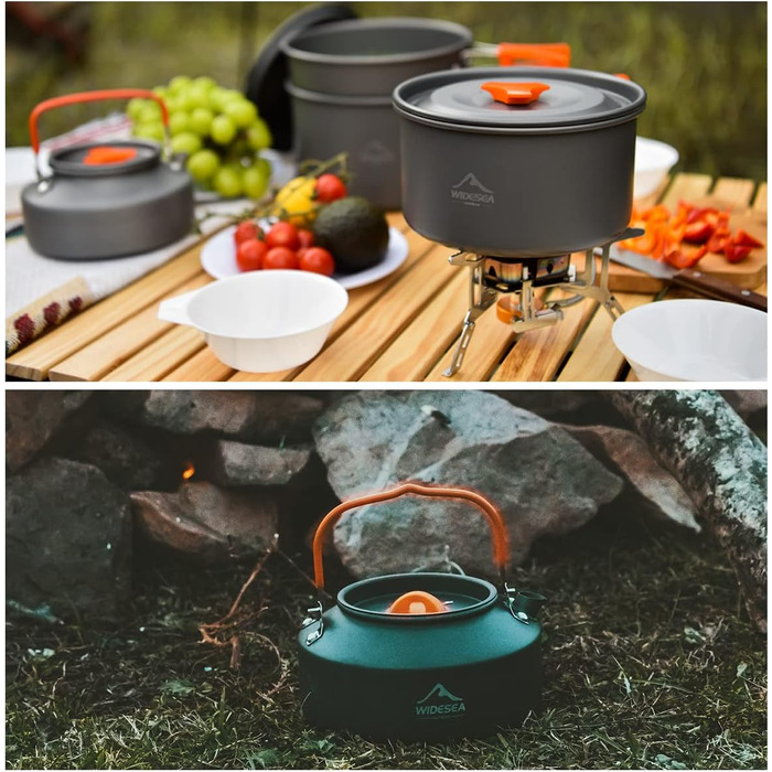 Набір посуду для кемпінгу WIDESEA на 2-3 особи, антипригарне покриття, сковорода, каструля та чайник, набір мірний, для походів/трекінгу/пікніків на природі (світло-сірий)