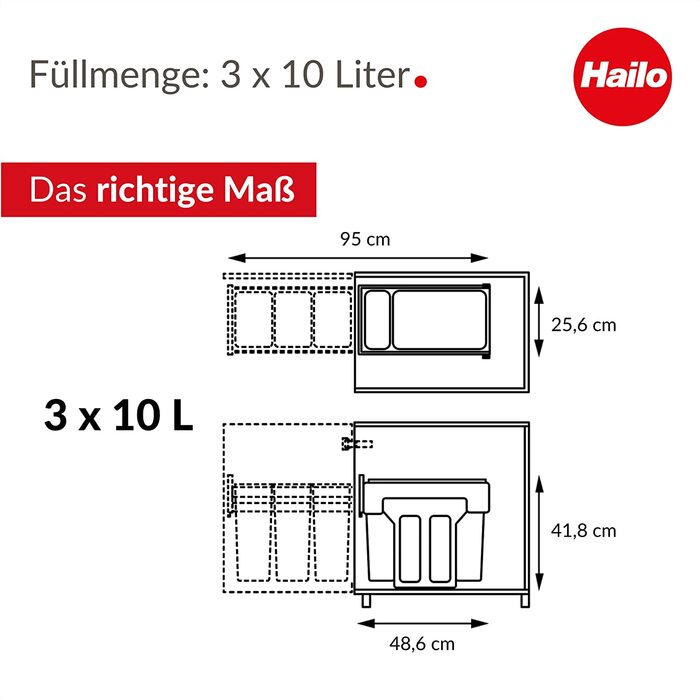 Hailo EcoLine Design Trio L Built-in Waste Separation System - Trio Waste Bin with Full Extension - Steel Sheet - Black - 25.6 x 41.8 x 48.6 cm - 3 x 10 l (3 x 10 Liters)