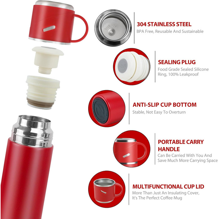 Термос IAGORYUE з нержавіючої сталі, 0.55л, з виливним кришкою та ручкою, подвійні стінки, зберігає тепло/холод до 12 годин, для спорту, офісу, відпочинку на природі (червоний)