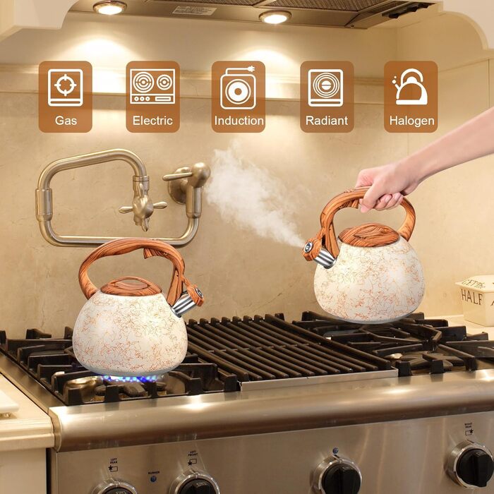 Чайник для плити GGC, 3.1 л / 3 л, з свистком, для води, кави, молока, градієнт сірого та чорного кольорів, з дерев'яною ручкою, з нержавіючої сталі, для дому (White Art Line)