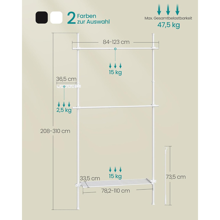 SONGMICS Телескопічна штанга для одягу, 3-рівнева гардеробна, регульована по висоті та ширині, відкритий шафа для одягу з 2 штангами та знімною полицею, кріплення для одягу, матовий білий, HSR136W01, 1 ряд