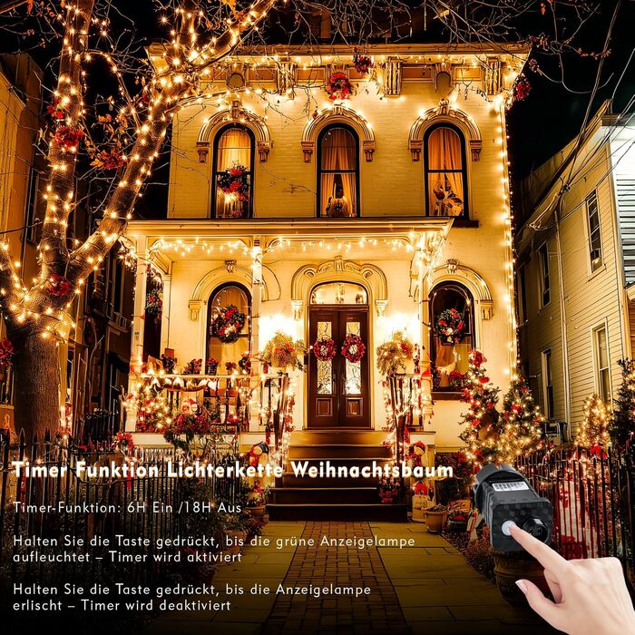 Ланцюжок прикрас для зовнішнього використання 60м, 530 LED, тепле біле світло. Ланцюжок для зовнішнього використання з таймером, 8 режимів, IP44, вологостійкий. Підходить для прикраси ялинки, саду, балкону, вечірки, весілля.