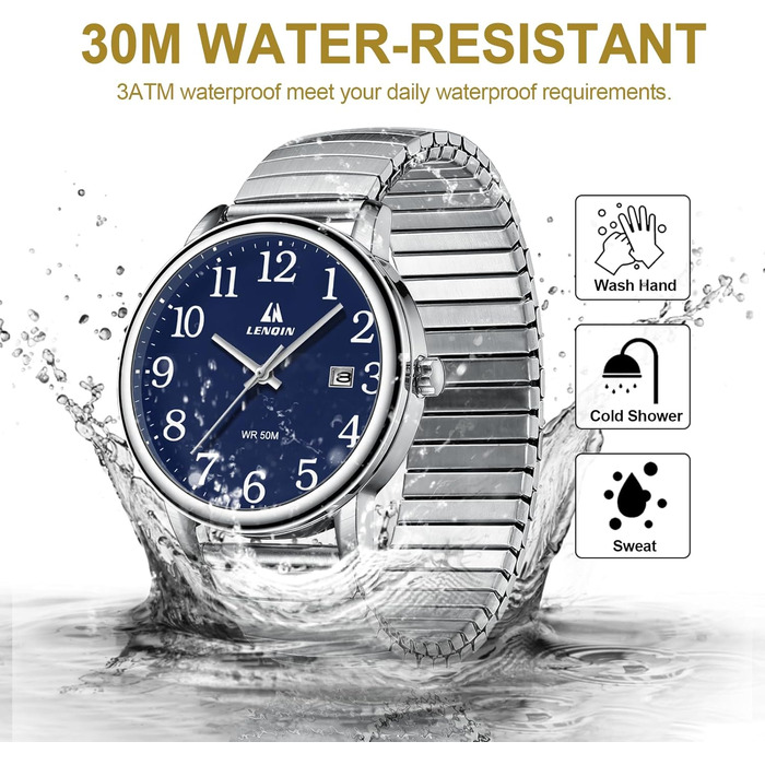 Годинник чоловічий LN LENQIN аналоговий кварцовий з нержавіючої сталі, з датою (блакитний)