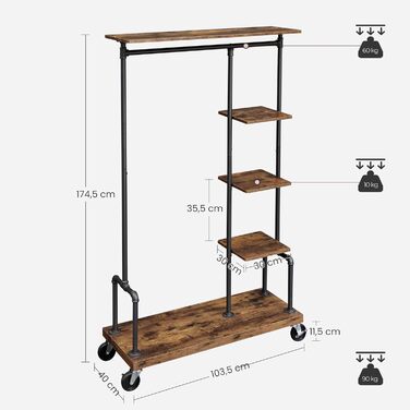 VASAGLE Clothes Rack on Wheels, Coat Rack, Clothes Rail with 5 Shelves, 40 x 103.5 x 174.5 cm, Industrial Design, Steel Frame, Vintage Brown-Black HSR66BXV1