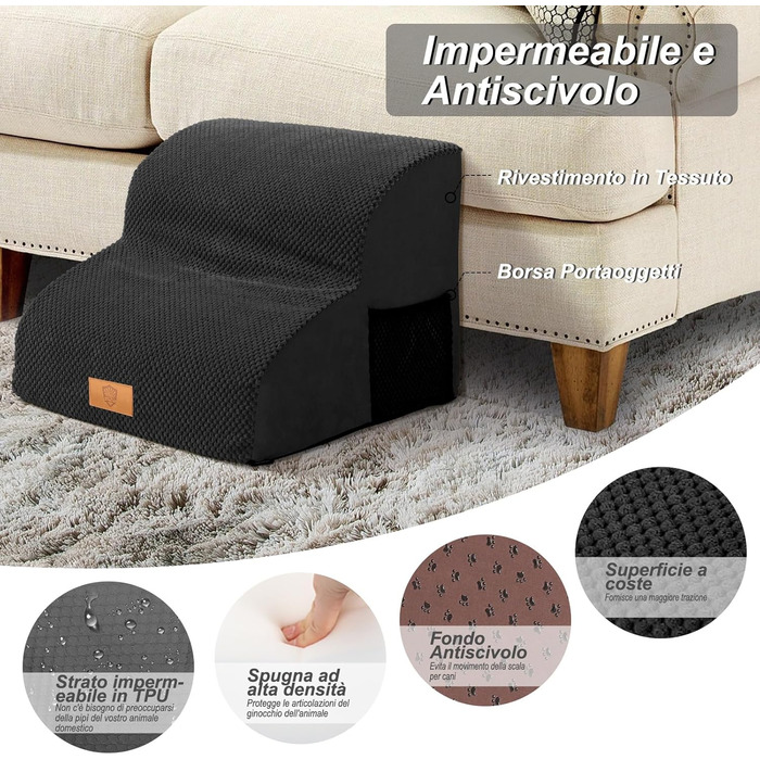 Masthome Dog Stairs for Small Dogs, 4 Steps Pet Stairs with Washable Cover, 52cm High Cat Stairs for High Beds, Dog Ramp Ladder, Detachable, Black (Dog Stairs 2 Steps - Black)