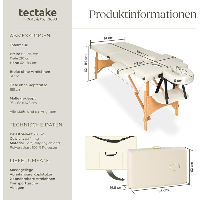 Масажне ліжко Tectake® складна з 2 зонами, портативне з 5 см підкладкою, регульоване по висоті, мобільне, з дерев'яними ніжками та аксесуарами (сумка для перенесення) - бежеве без масажних роликів
