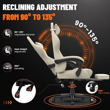 Ергономічне ігрове крісло Gaming Chair з підніжкою, регульованим нахилом спинки (90–135°), поперековою та підголівником, біле