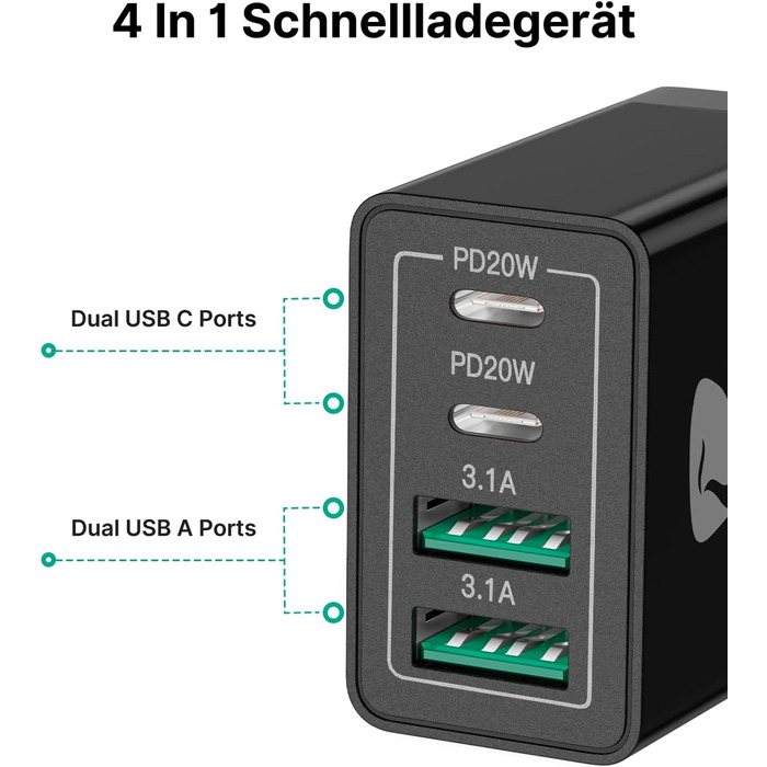 Зарядний пристрій Aioneus USB-C 40W, 4 порти PD 3.0 + QC USB-A, швидка зарядка для iPhone 15 Pro Max, Samsung та інших смартфонів - Чорний