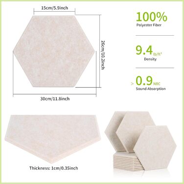 Набір акустичних панелей Rdutuok (12 шт), гексагональні звукопоглинаючі плити 30x26x1 см для студії, офісу та декору стін, колір верблюжий