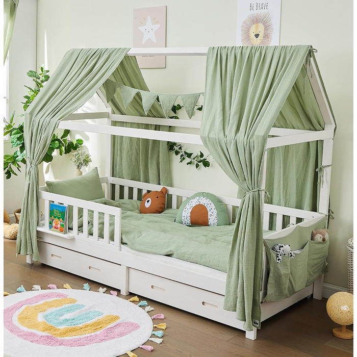 ALAVYA HOME® 3-Piece House Bed Decor Set with 2 Canopy Curtains | 1 Wimpelkette (300cm long) for Children's Bed, Kids' Room | 100% Organic Muslin Cotton | GOTS Certified | 125 x 350 cm | Khaki 125 x 350 cm Khaki
