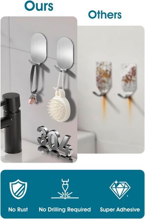 Крючки самоклеючі, 10 шт. з нержавіючої сталі 304, без свердління, для ванної, кухні та вітальні